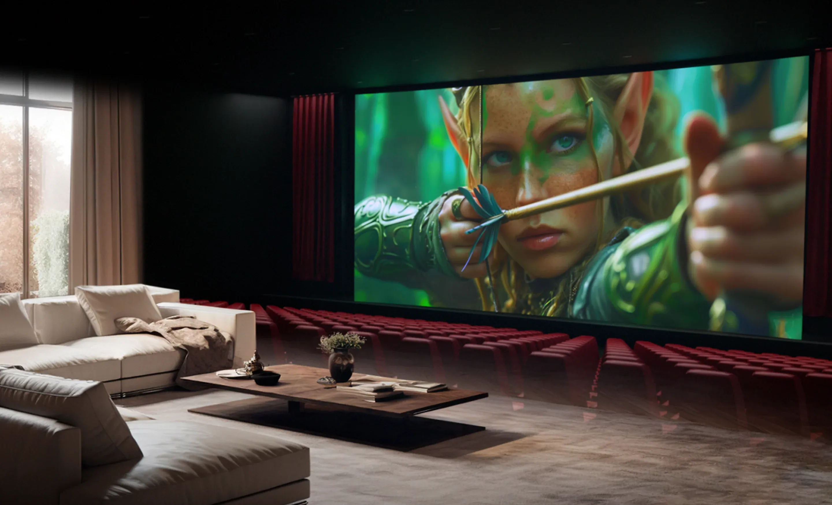 Phòng chiếu phim tại gia với màn hình lớn, ghế sofa trắng và hàng ghế rạp màu đỏ